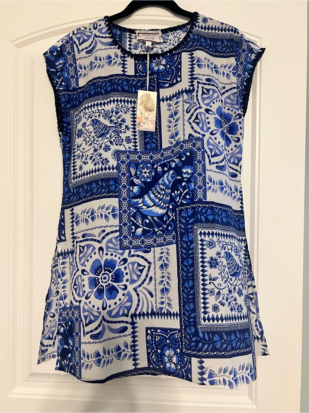 Johnny Was Blue and White Patchwork Print Cap-Sleeve Tunic & Wide Leg Pants set
